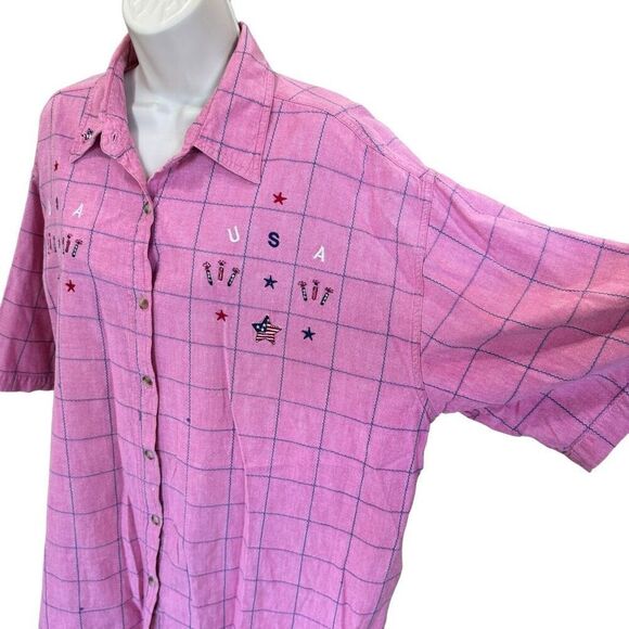 Vtg CST Blues Women’s 22 USA Fireworks Embroidered Short Sleeve Button Down - Picture 2 of 8